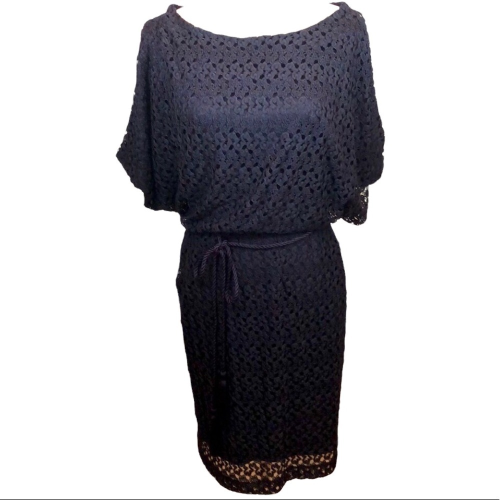 Jessica Howard Navy Blue Crochet Lace Dress Bateau Neckline Women’s Size 6 EUC